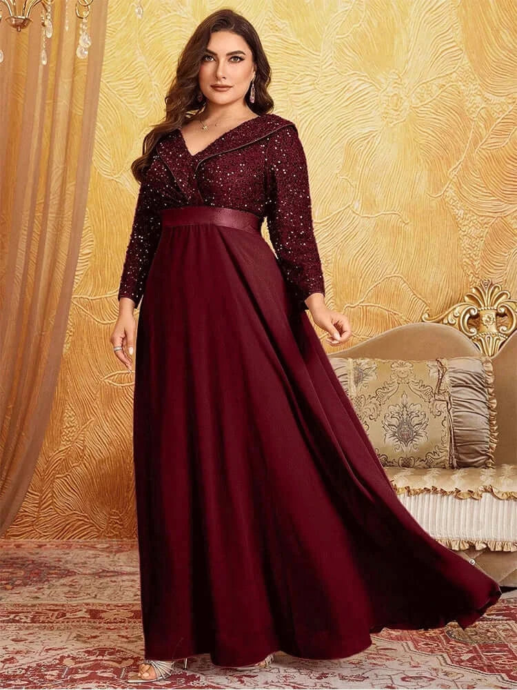 Women Plus Size Chiffon Sequin Long Sleeve Evening Dress
