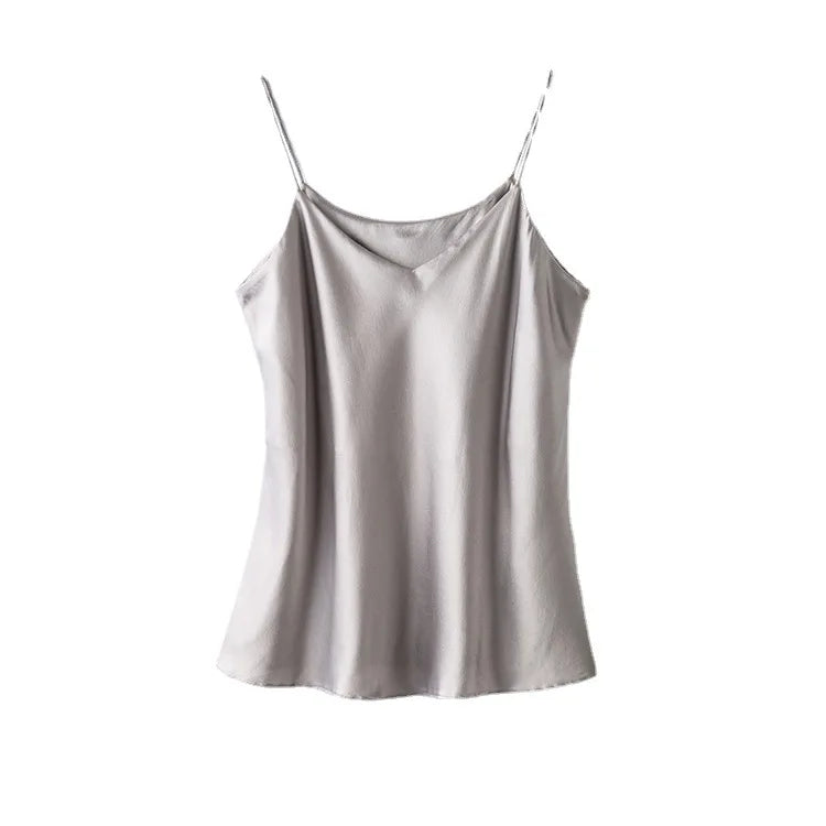 Double-layer mulberry silk camisole in soft gray, featuring a sexy V-neck design for summer casual wear.