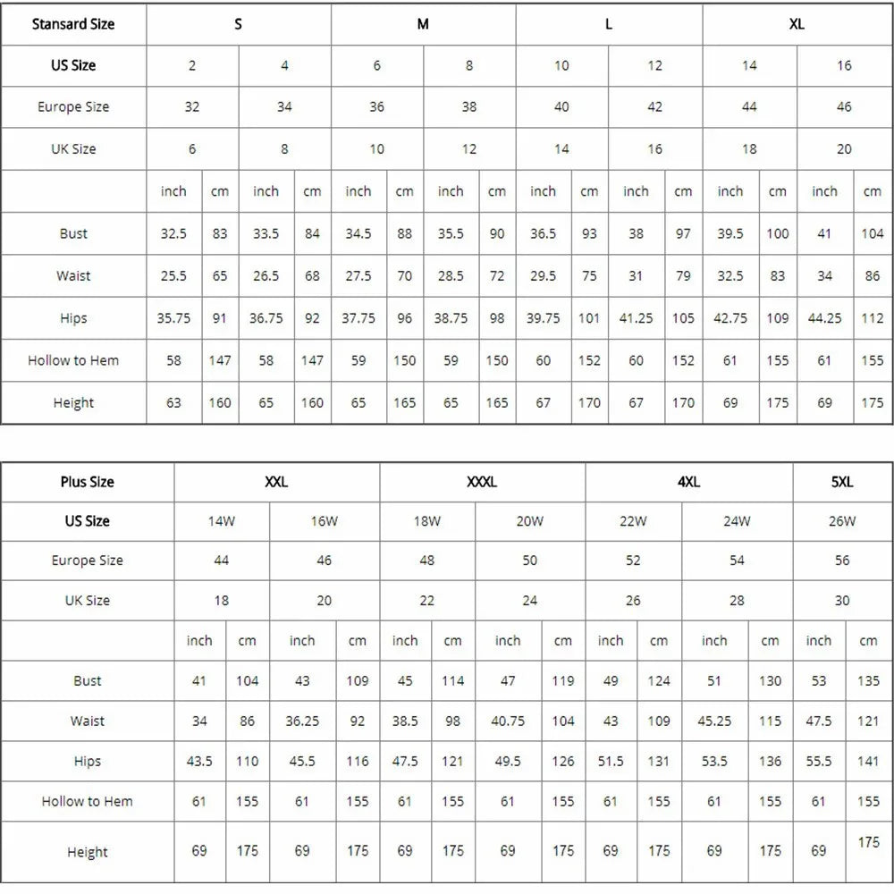 Size chart for standard and plus sizes including bust, waist, hips, and height measurements.
