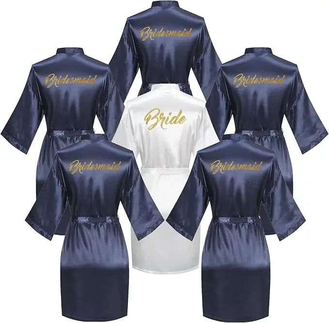 6-piece satin bridal shower robe set featuring one bride robe and five bridesmaid robes in navy blue.