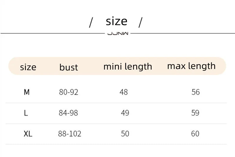 Size chart for LuxeLace silk camisole showing bust and length measurements for sizes M, L, and XL.
