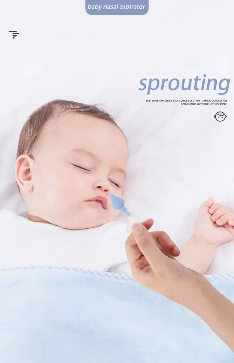 Infant using a nasal aspirator for clear breathing, featuring a gentle silicone tip for babies. Safe and effective nasal suction.