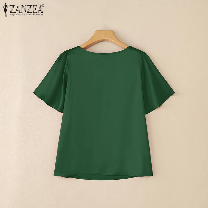 Women Satin Office Short Sleeve Blouse