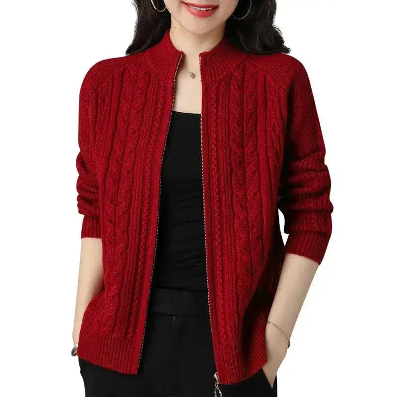 Women Zipper High Collar Knit Cardigan