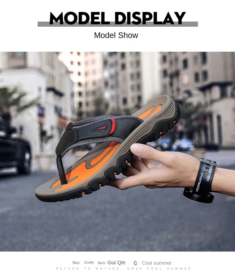 Men Cow Leather Beach Flip Flops Sandals