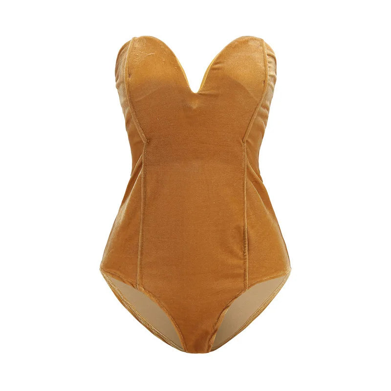 Velvet strapless lace-up bodysuit in warm gold, perfect for autumn nightwear, designed for a slim fit.