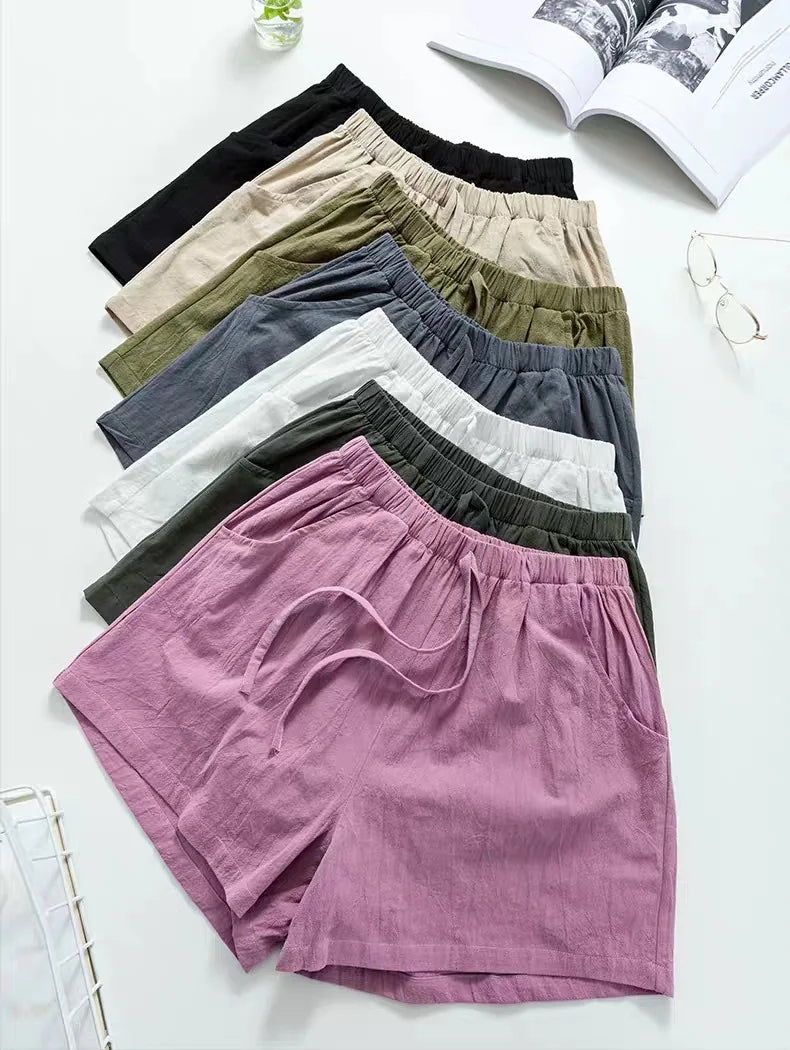 Women Cotton Linen High Waist Shorts