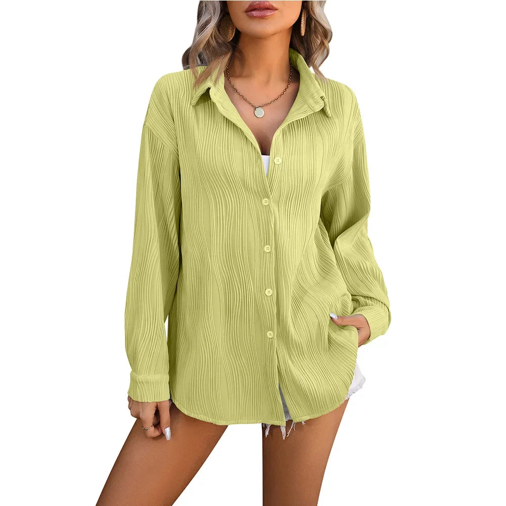 HarajukuMuse™ women’s streetwear blouse in soft green, featuring a long cut and button closure for a chic casual look.