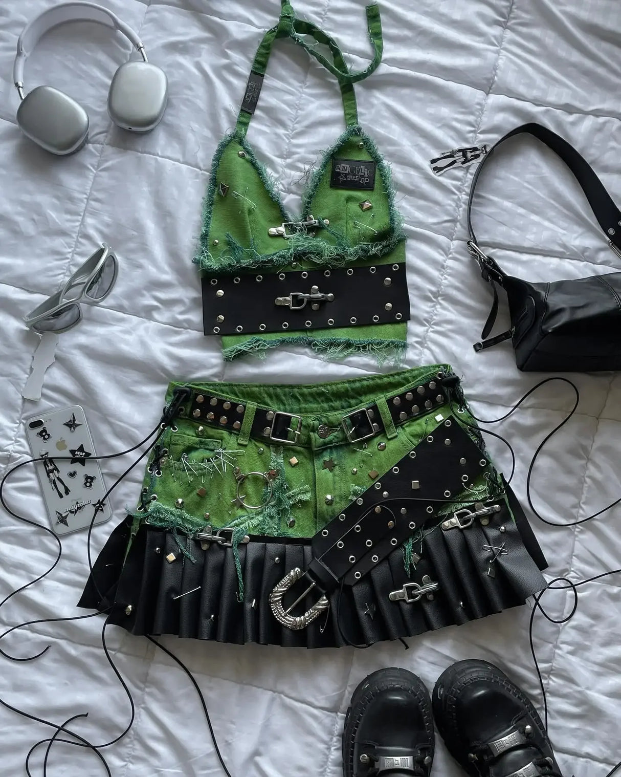 Women Cross Patch Denim Skirt Set