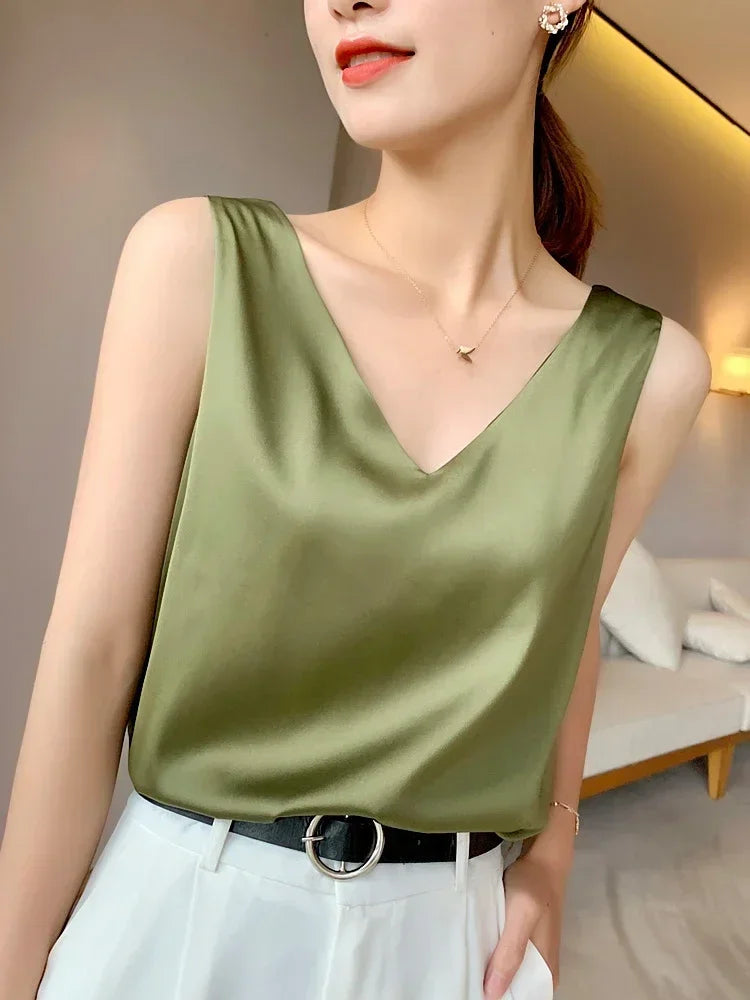 Ice Silk Satin V‑Neck Camisole Crop Top