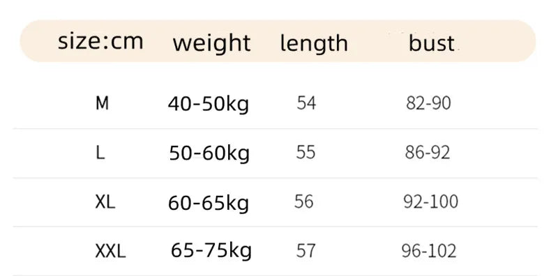 Size chart for Silkaire™ silk strap top showing weight, length, and bust measurements for M, L, XL, and XXL.