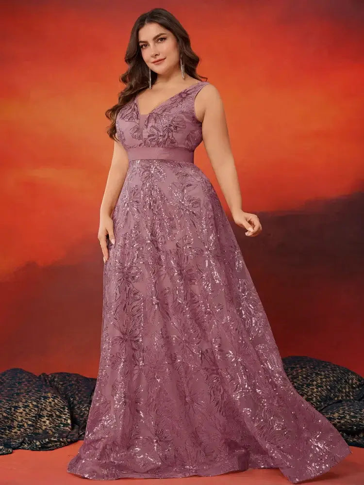 Women Plus Size V-Back Sequin Evening Cocktail Dress