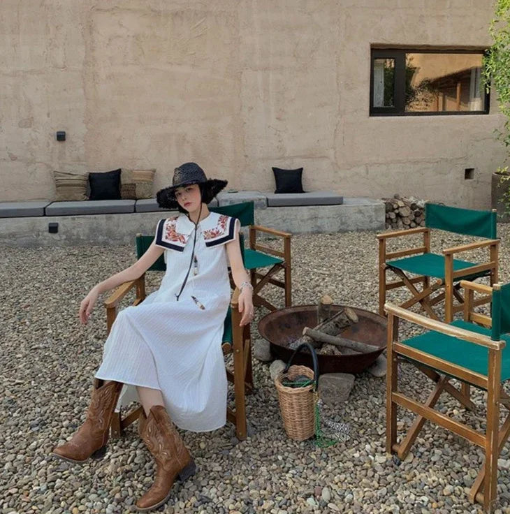 Women Mid Calf Boots Rose Embroidery Leather