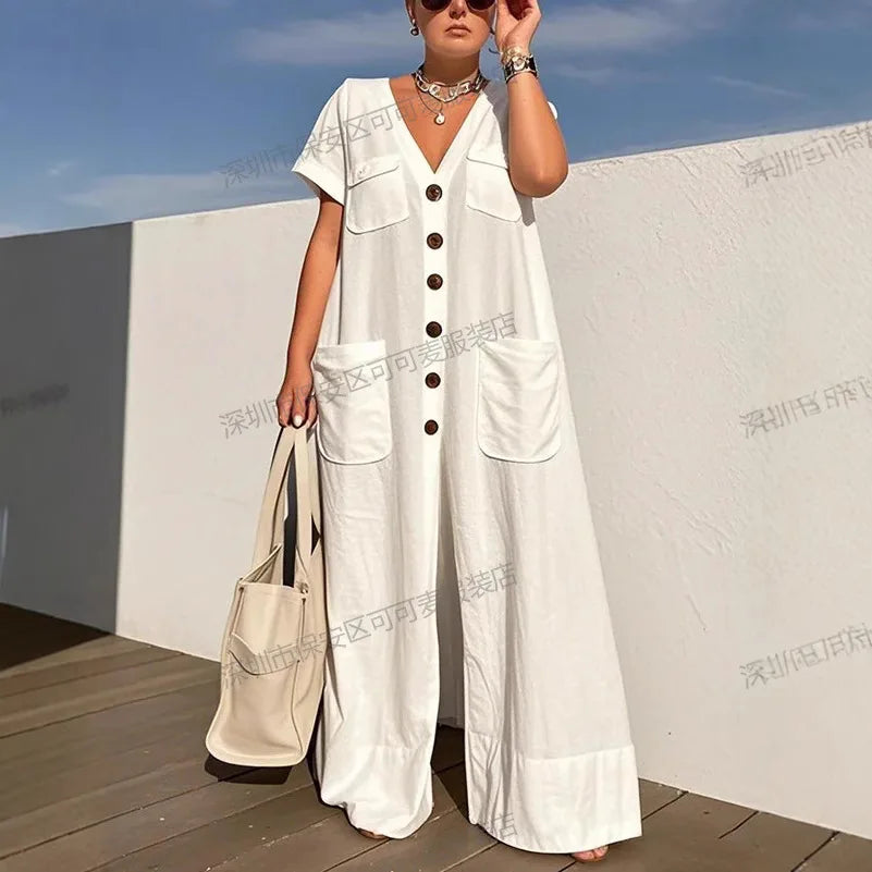 ModiWork™ – V-Neck Button Casual Office Jumpsuit (Smart, Relaxed & Stylish)