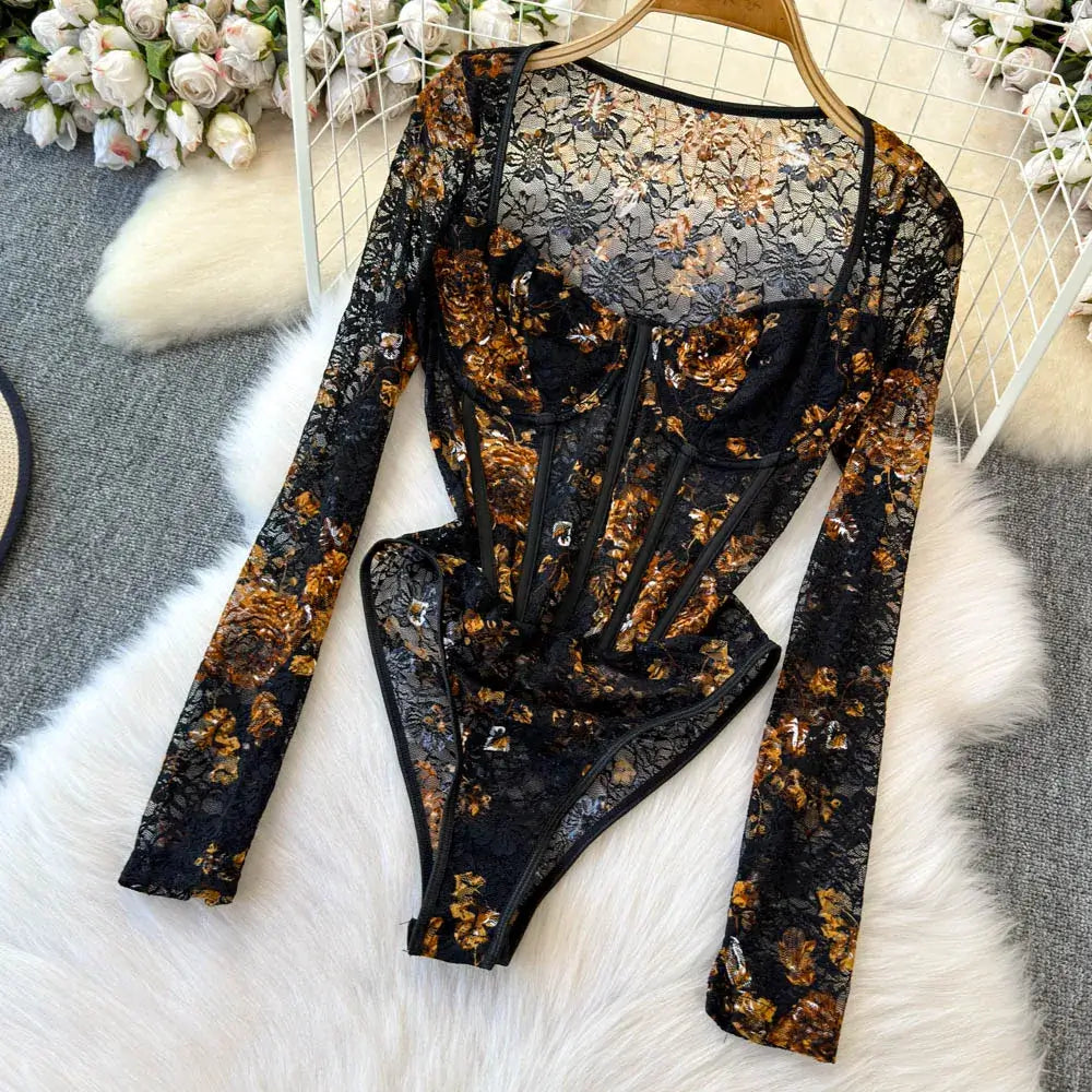 Women Square Neck Mesh Print Bodysuit