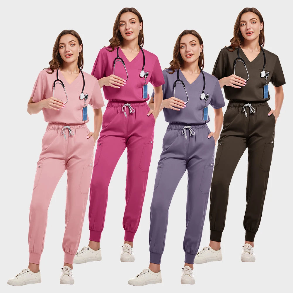 Breathable medical scrub sets for women, featuring elastic short sleeves and available in multiple colors.