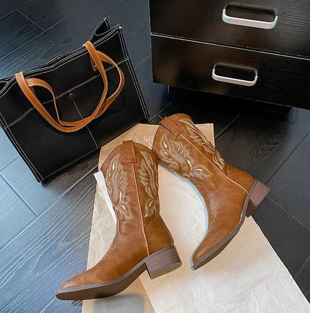 Women Mid Calf Boots Rose Embroidery Leather