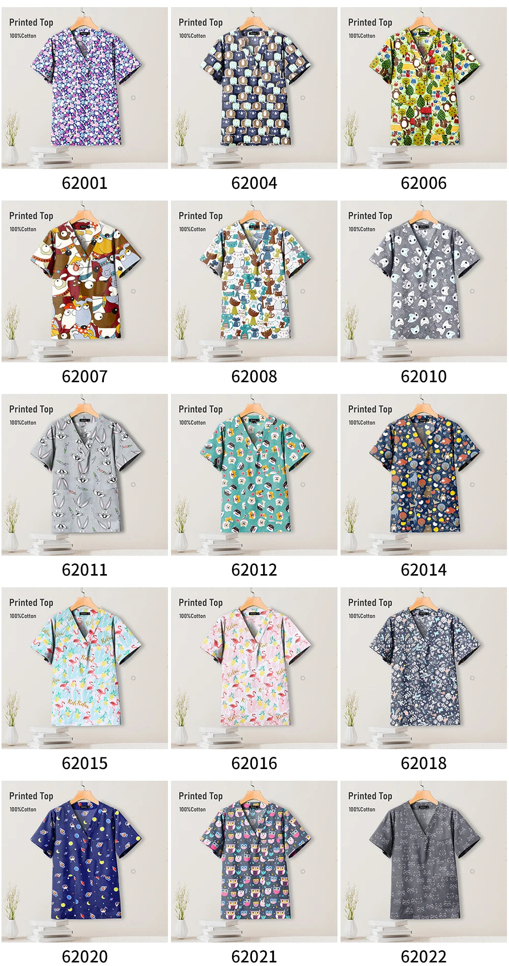 Variety of printed scrub tops for pediatric nursing, showcasing colorful designs and styles in a grid layout.