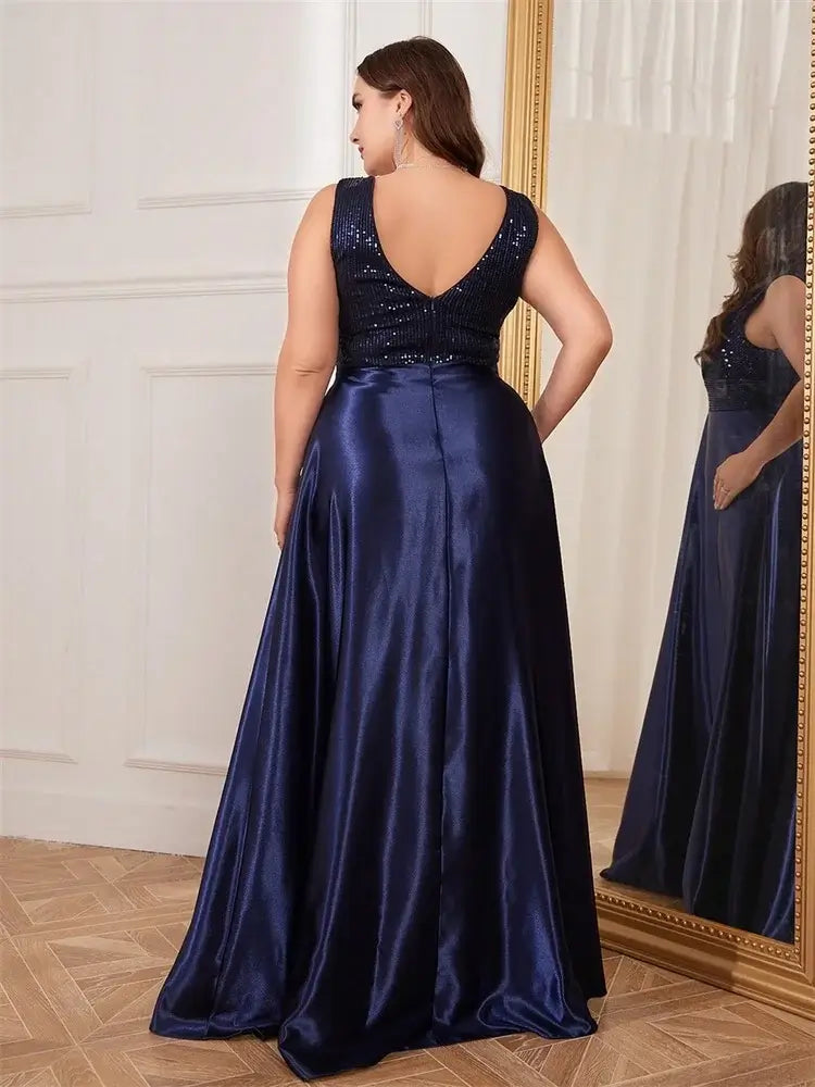 Women Plus Size Satin Sequin Evening Dress Long Prom Gown