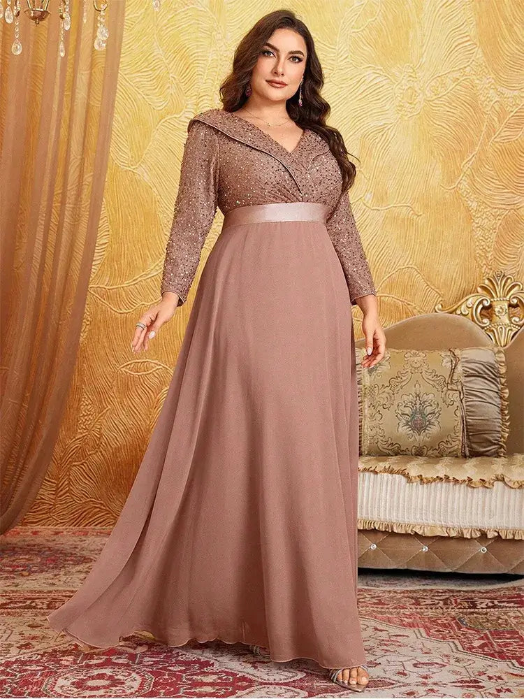 Women Plus Size Chiffon Sequin Long Sleeve Evening Dress