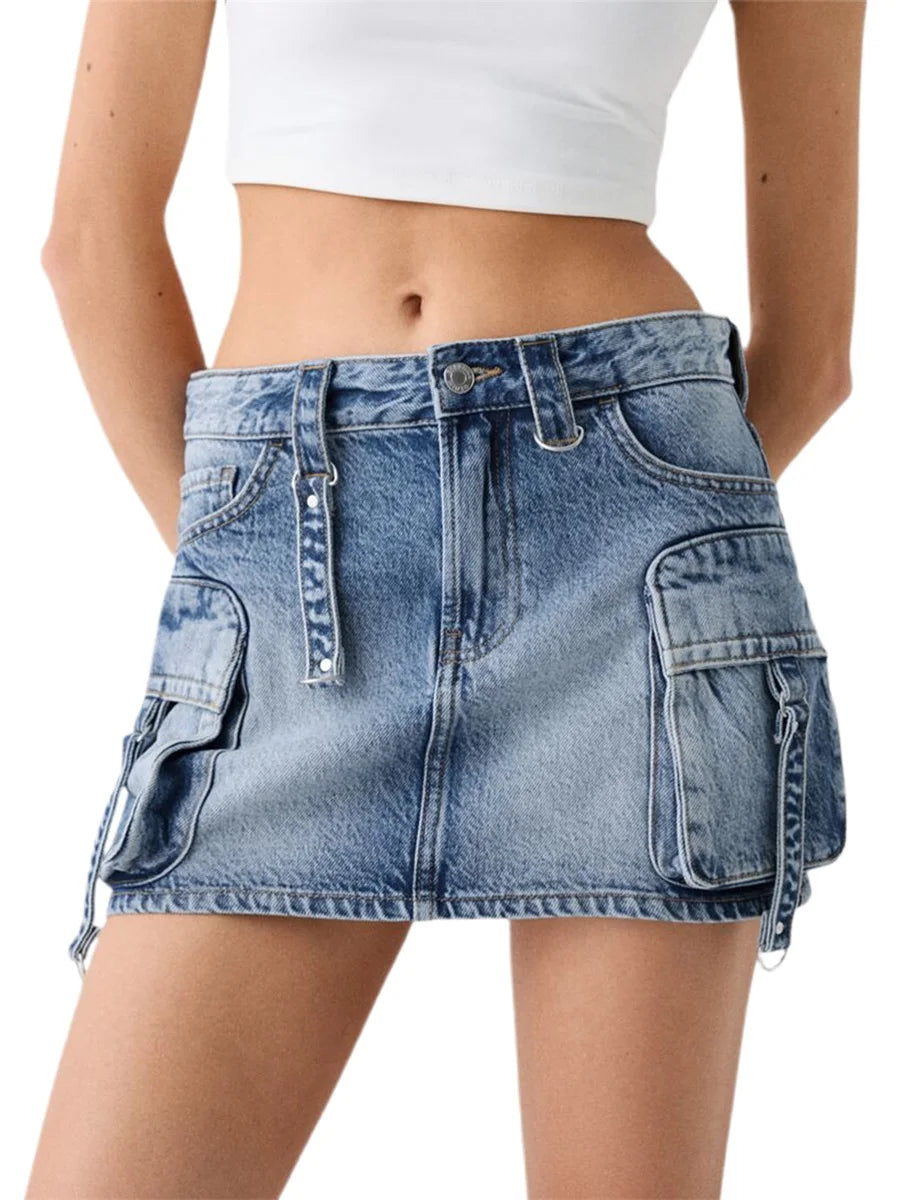 Women Denim Cargo Mini Skirt