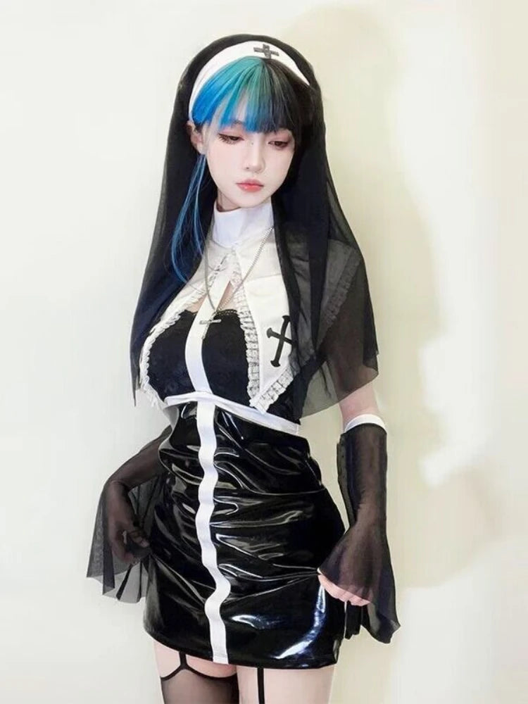 Sexy Anime Nun Leather Cosplay Outfit