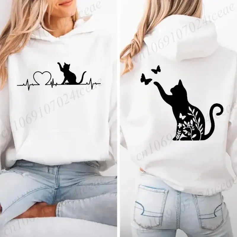 Women Cat Heartbeat Print Hoodie Streetwear Pullover