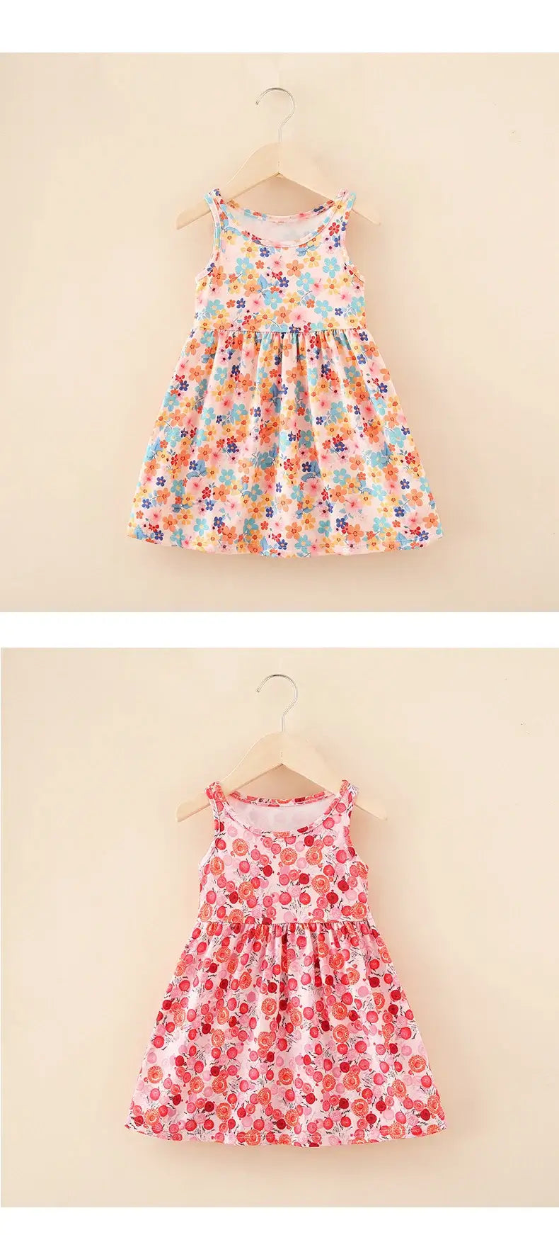 Cute summer dresses for girls, featuring bright floral prints and knee-length A-line silhouettes, perfect for ages 4-6.
