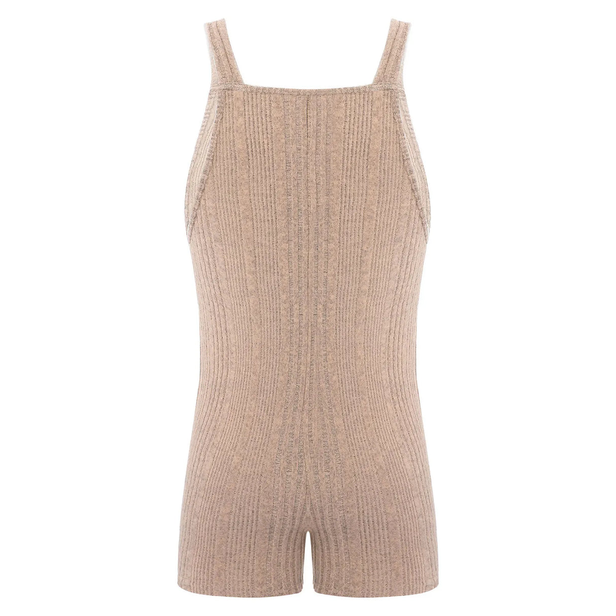 Back view of a sleeveless ribbed maternity jumpsuit in natural color, ideal for summer casual wear.