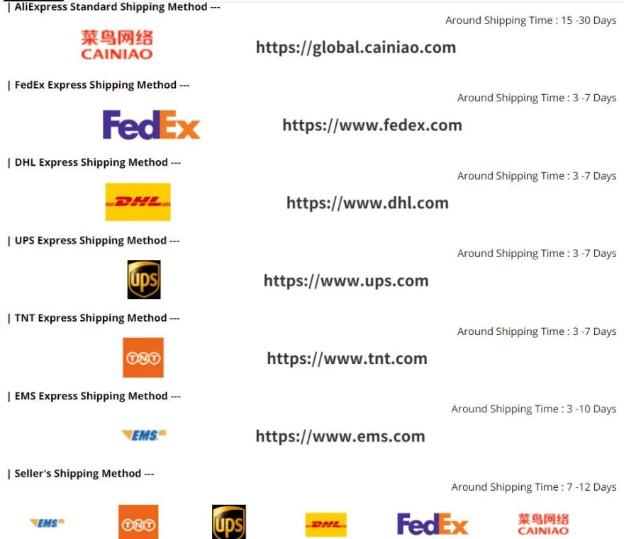 Shipping methods and delivery times for various carriers including FedEx, DHL, UPS, and EMS.