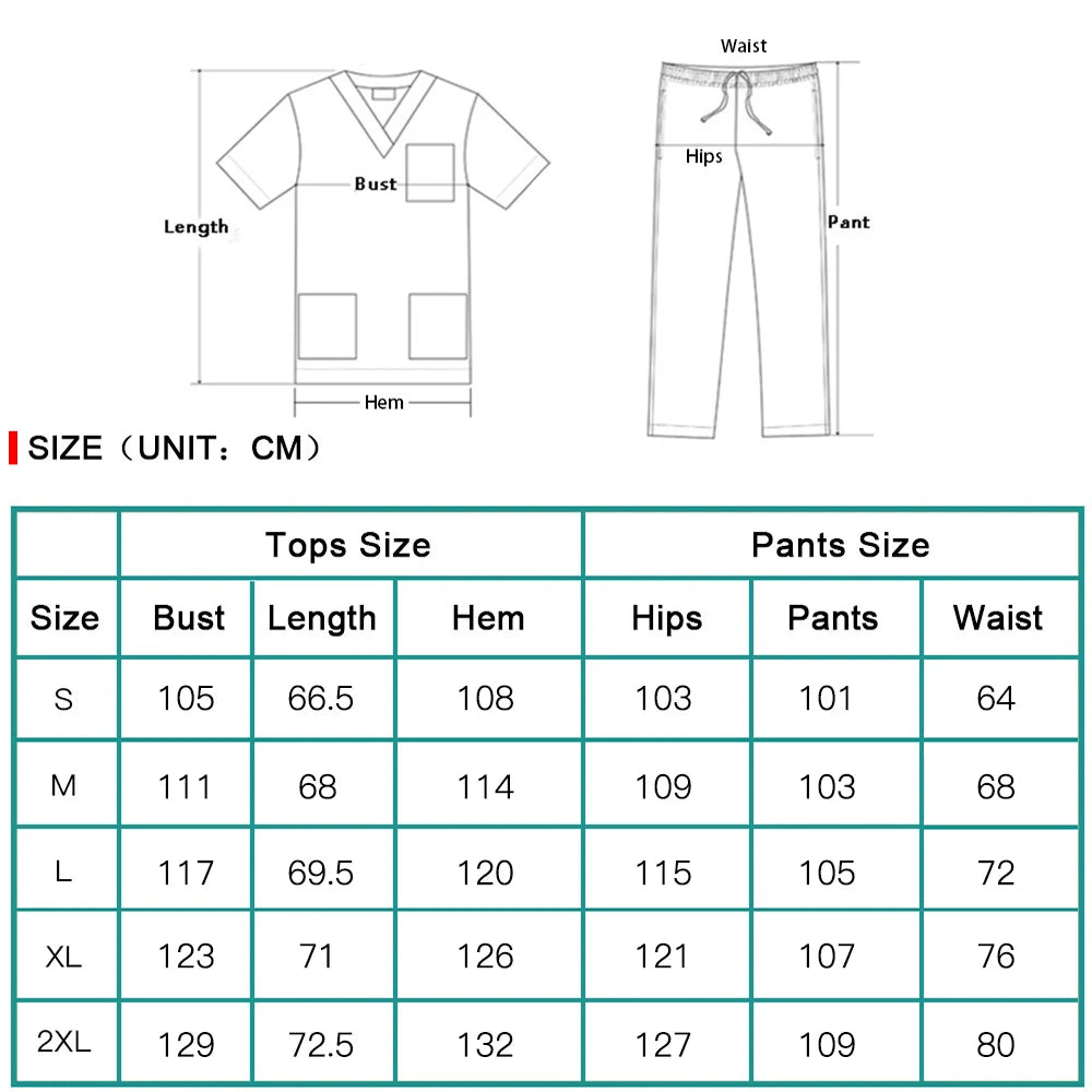 Size chart for MSORMOSI Women’s Medical Workwear Set in various sizes including S, M, L, XL, 2XL.