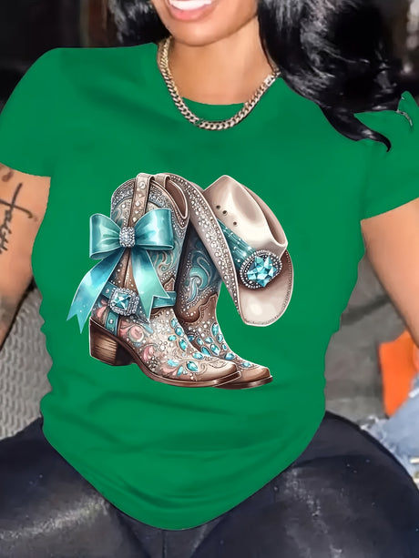 Elegant green t-shirt featuring detailed cowboy boots design with turquoise accents, ideal for casual wear.