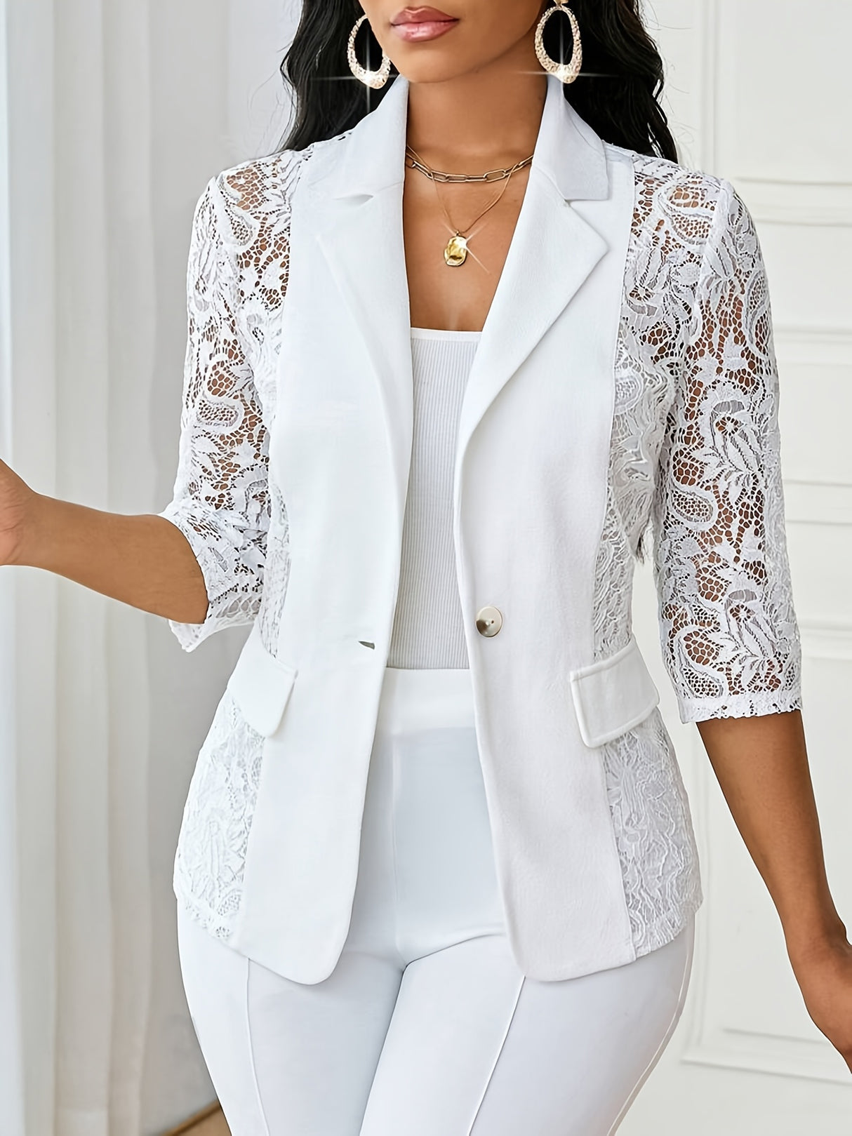 PatchworkÉlan™ – Lace Patchwork Blazer (European Style, Pocket Flaps, Button Front)
