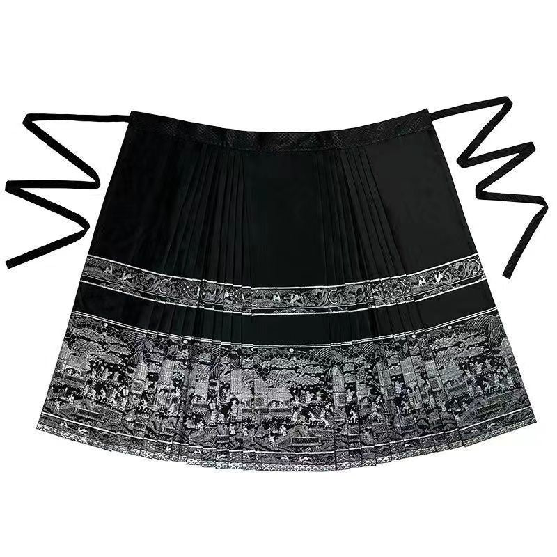 Horse Face Skirt featuring traditional Hanfu outfit design, pleated black polyester with intricate patterns and ribbons.
