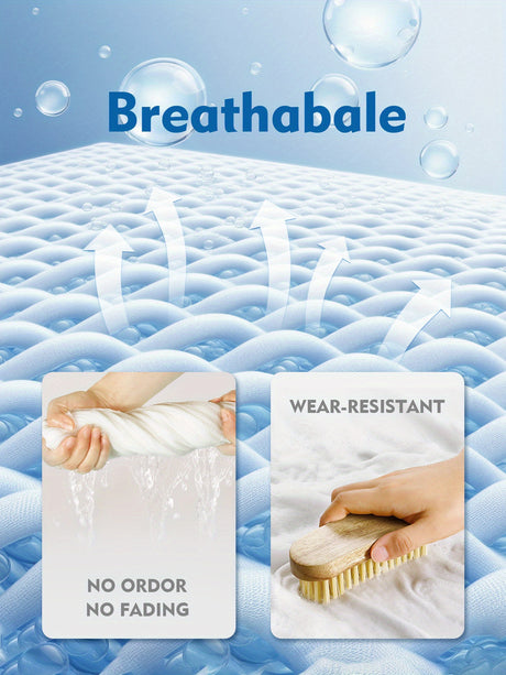 Breathable mattress material showcasing features like no odor, no fading, and wear-resistance in a visually appealing design.