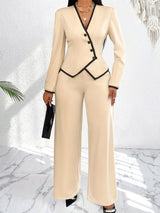 AsymLuxe™ – Blazer Pantsuit Set (Asym Hem, Deep V-Neck, Elegant All-Day Wear)