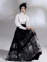 Elegant woman wearing a Horse Face skirt Hanfu outfit featuring a traditional white top and intricate patterned skirt.