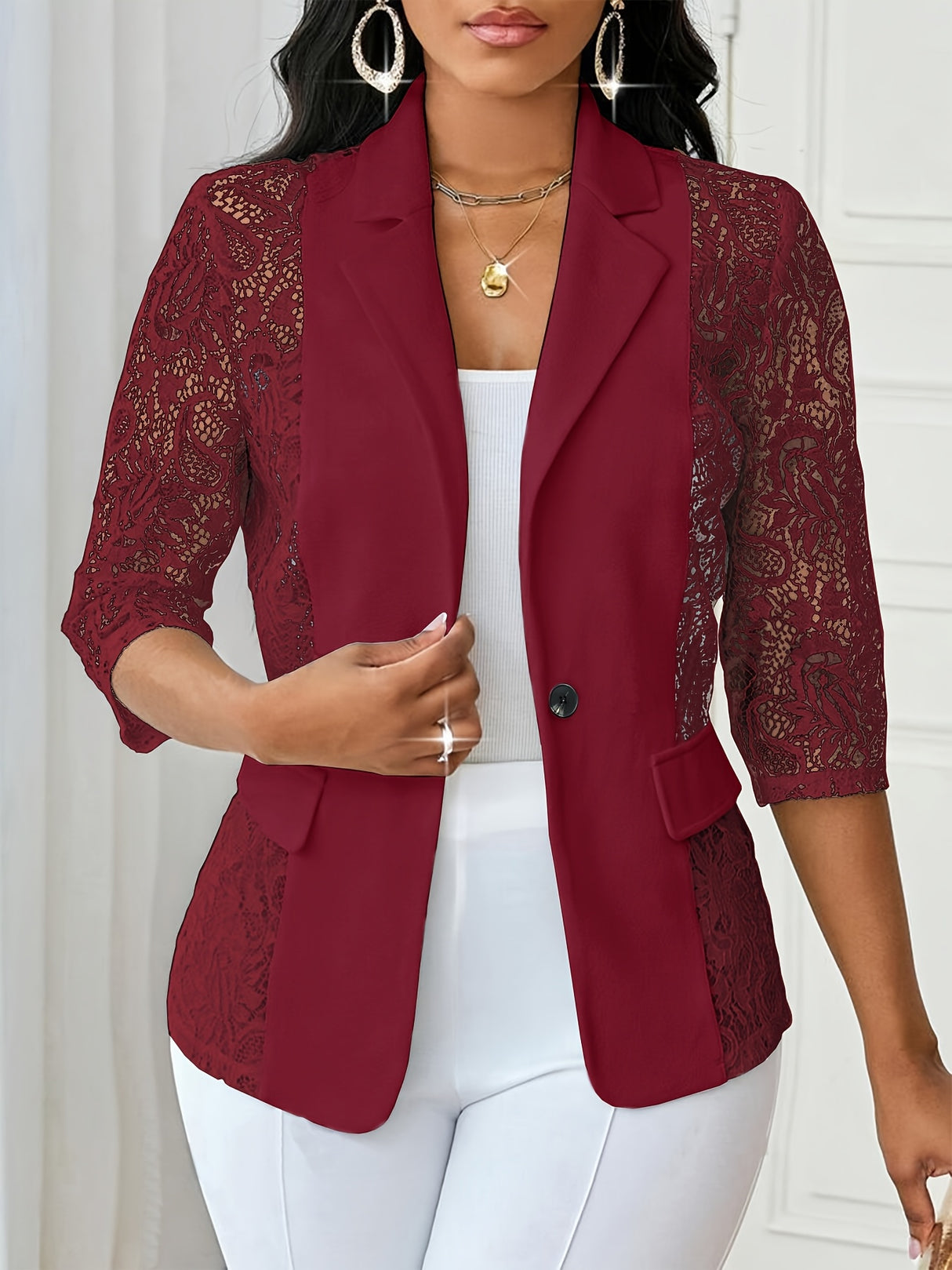 PatchworkÉlan™ – Lace Patchwork Blazer (European Style, Pocket Flaps, Button Front)