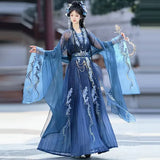 Blue embroidered Hanfu dress for women, perfect for Halloween parties, made of polyester from Guangdong, China.