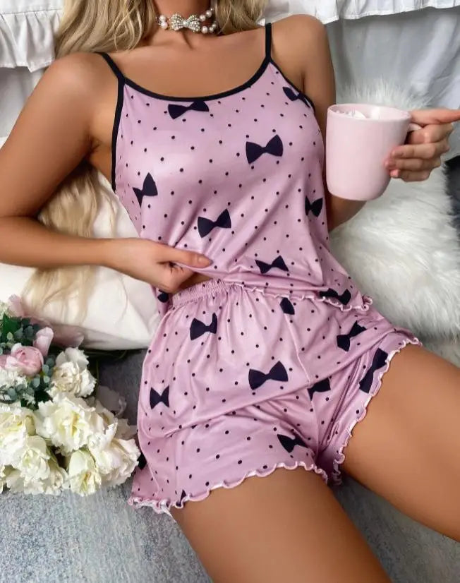 Women Heart Print Ice Silk Pajama Set
