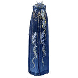 Blue embroidered Hanfu dress with floral details and pearl embellishments, perfect for Halloween parties.