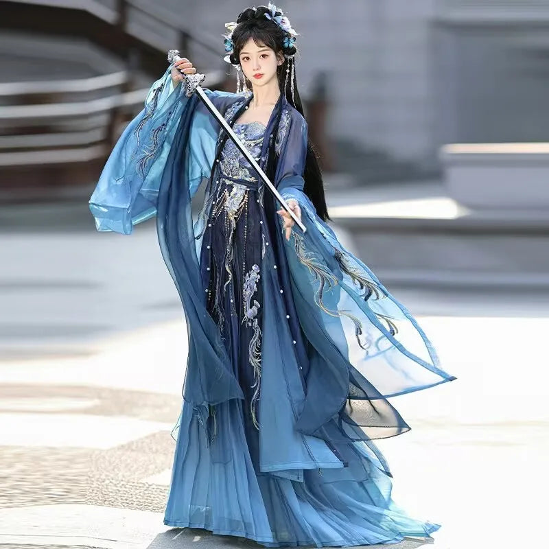 Elegant blue embroidered Hanfu dress for women, perfect for Halloween parties and cultural events.