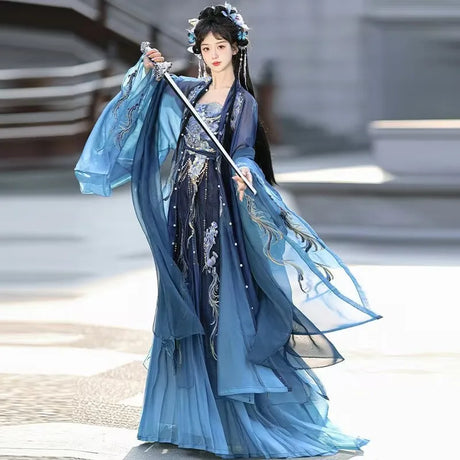 Elegant blue embroidered Hanfu dress for women, perfect for Halloween parties and cultural events.