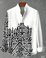 Men Linen Stand Collar Long Sleeve Shirt