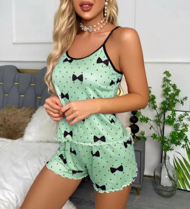 Women Heart Print Ice Silk Pajama Set