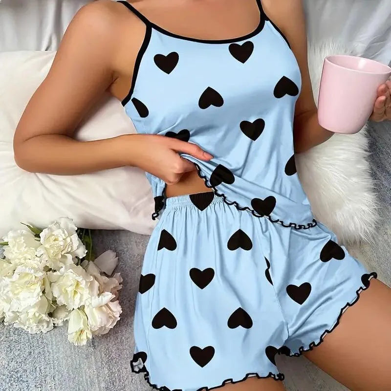 Women Heart Print Ice Silk Pajama Set