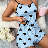 Women Heart Print Ice Silk Pajama Set