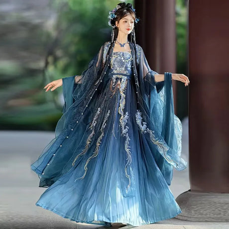 Blue embroidered Hanfu dress for women, perfect for Halloween parties, featuring elegant flowing design and intricate detailing.