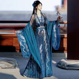 Blue embroidered Hanfu dress for women, perfect for Halloween parties or cultural events, featuring elegant flowing sleeves.