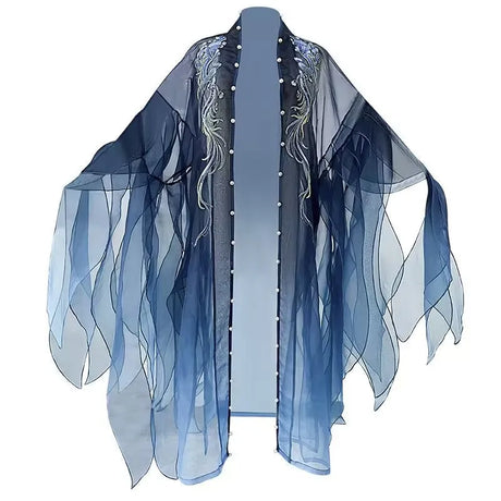 Elegant blue embroidered Hanfu dress featuring flowing sleeves, perfect for Halloween parties and themed events.